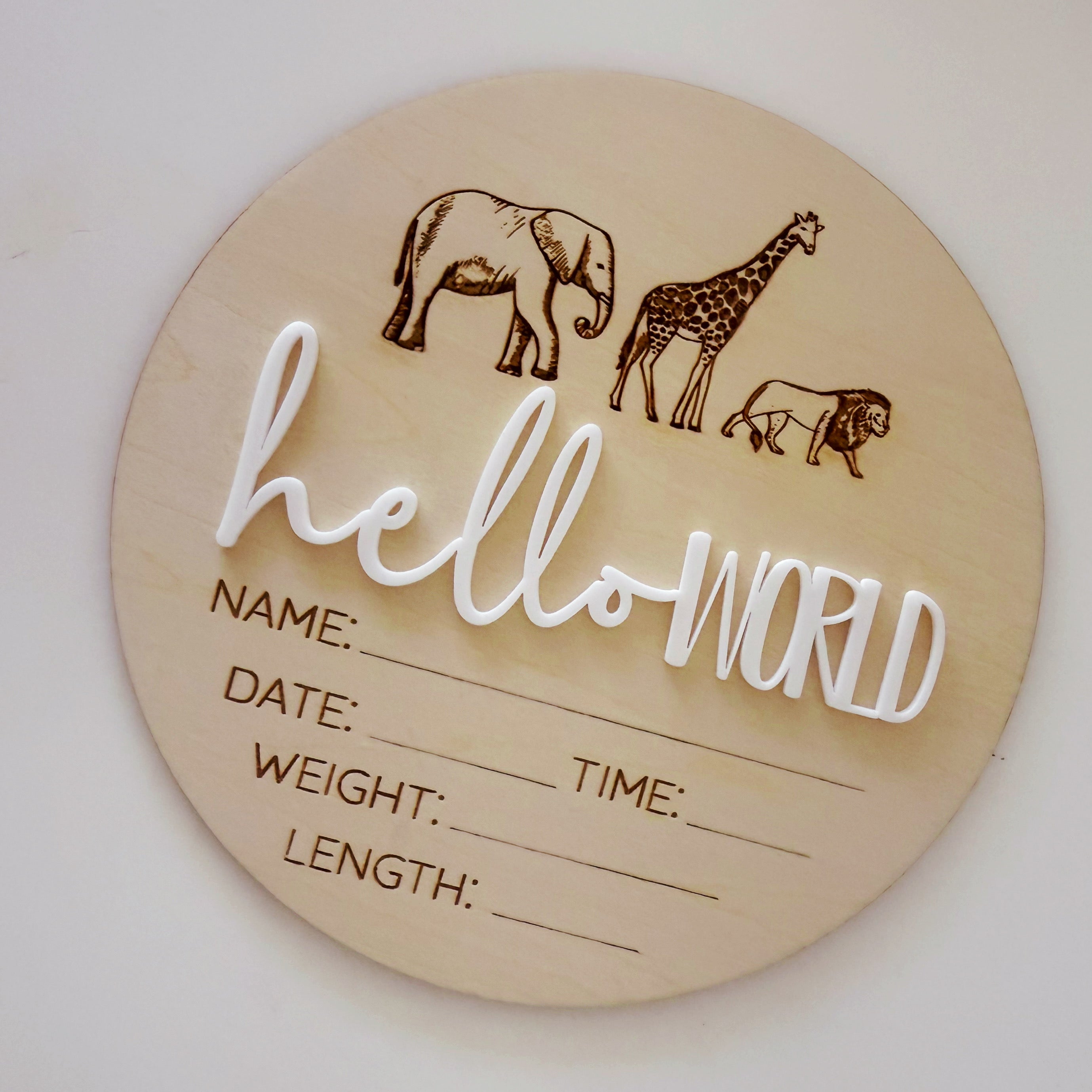 Hello World Safari Animals Birth Announcement Plaque