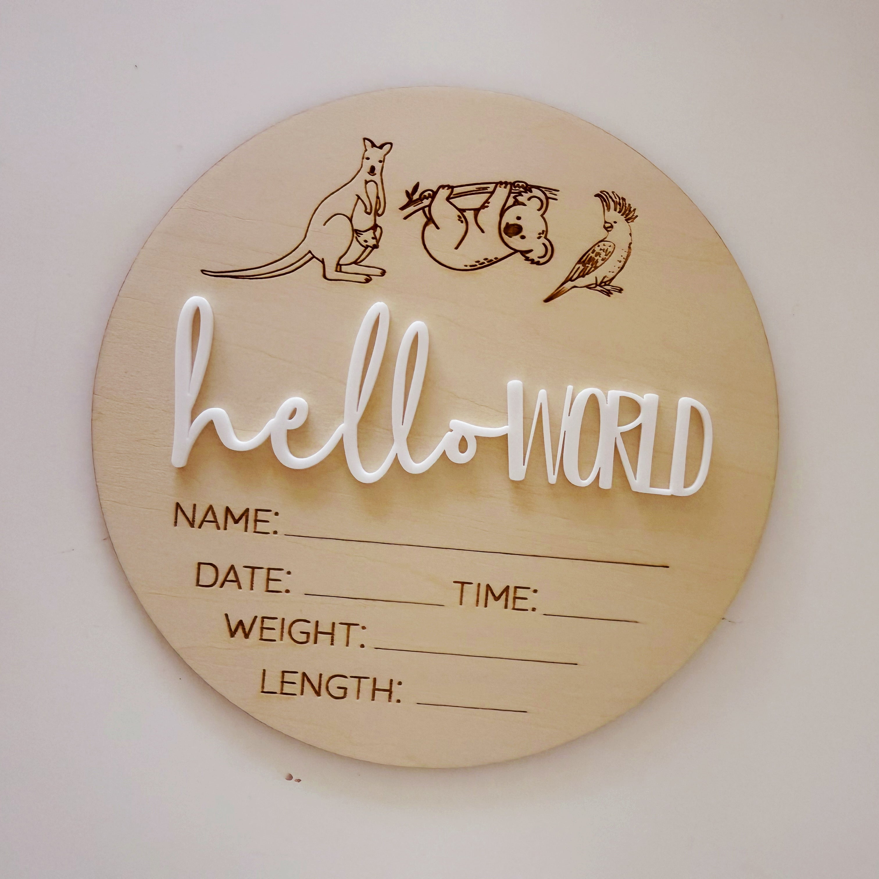 Hello World Birth Announcement Plaque - Australian Animal Theme