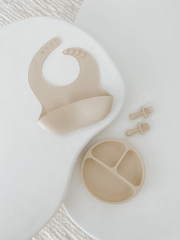 4 Piece set - Bib, Plate and Baby Led Weaning Spoon and Fork